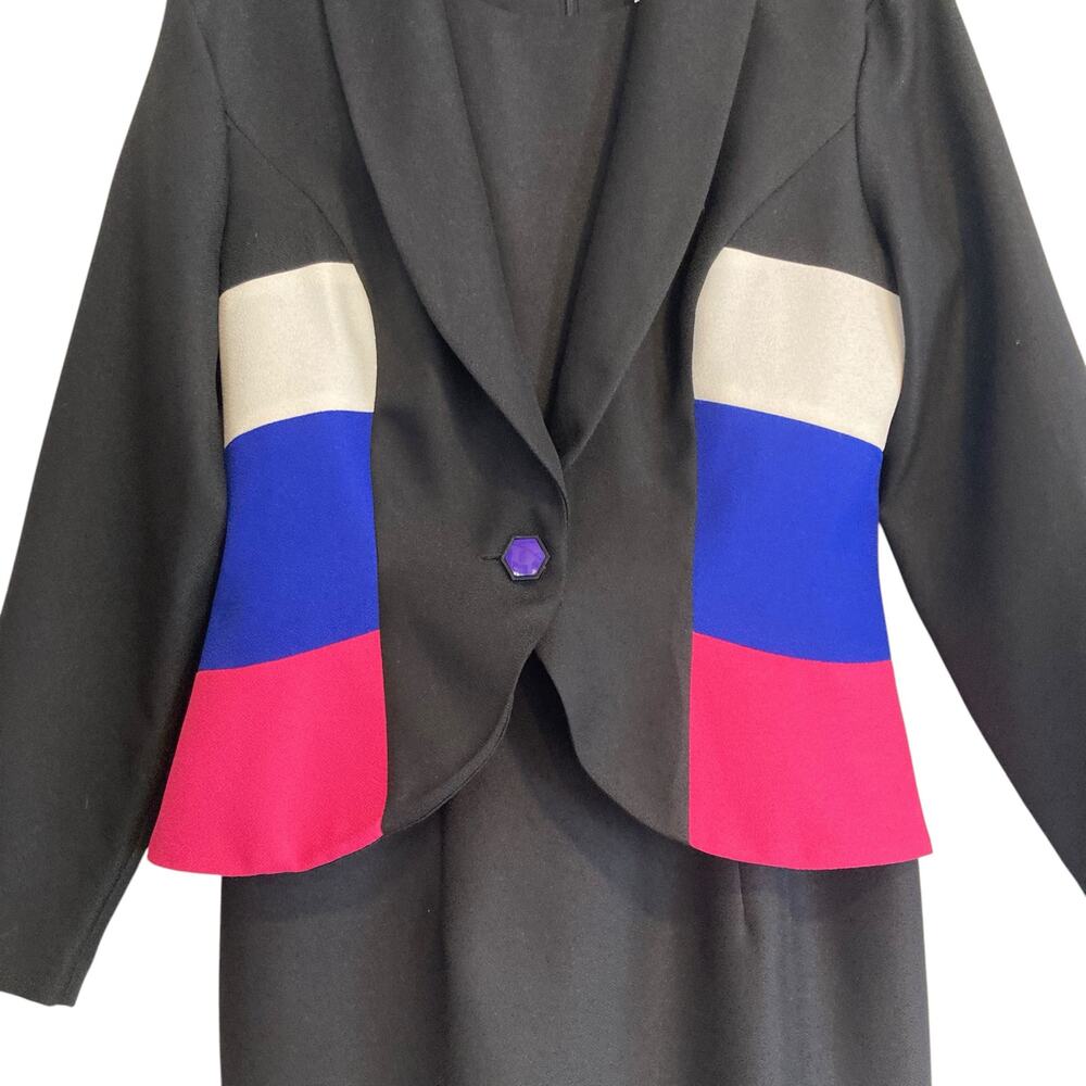 Vintage 80s Leslie Lucks Black Blue Stripe Button Blazer Sheath Dress Set Sz 10 - Picture 5 of 16